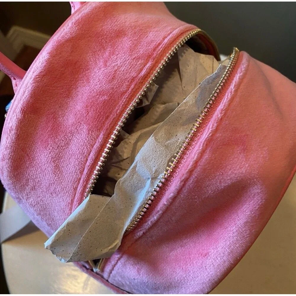 Juicy Couture Pink‎ Velour Mini Backpack Crystal Heart Charm Rhinestone Logo